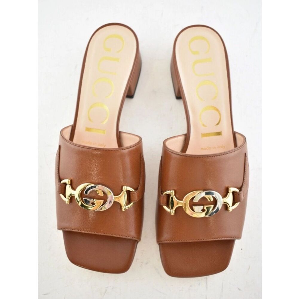 NIB Gucci Zumi Papaya Brown Slide GG Interlocking Metal Logo Mule Flat $990